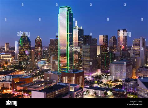 Dallas City Skyline At Dusk Sunset Dallas Texas Downtown Business