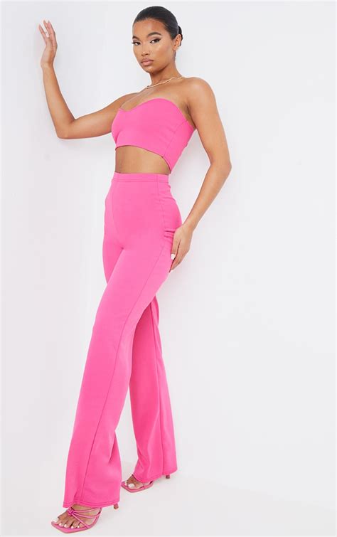 Hot Pink Crepe High Waisted Wide Leg Trousers Prettylittlething Uae