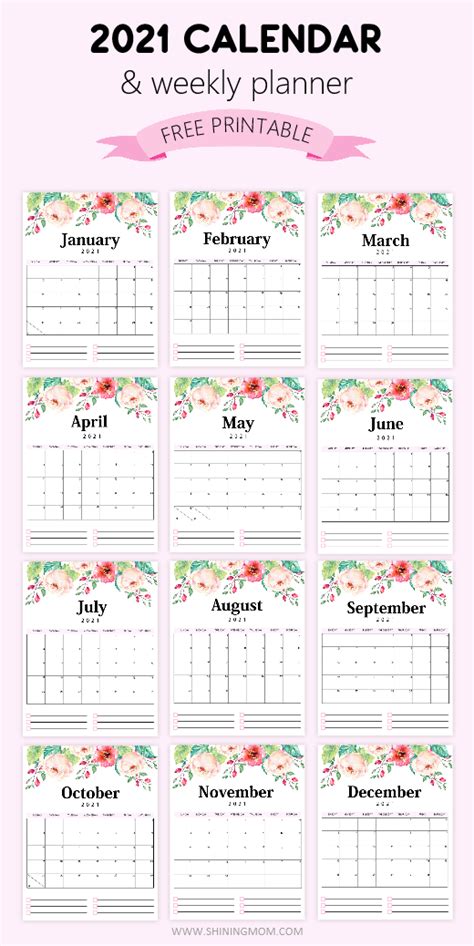 A diet calendar to see your calories consumed and burned. Free Printable Calendar 2021 in PDF: Beautiful Florals ...