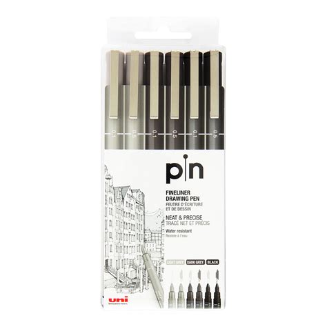 Uni Pin Fine Line Pens 6 Set Grey And Black