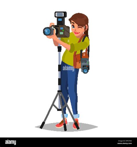 Young Female Photographer Vector Take A Photo Photographic Equipment