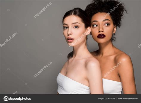 Portrait Attractive Multicultural Girls Perfect Skin Isolated Grey Stock Photo By IgorVetushko