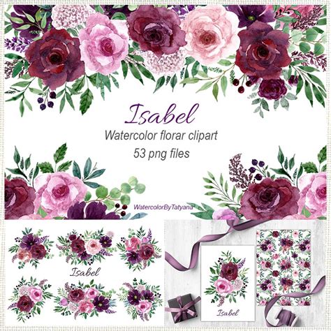 Burgundy Purple And Pink Watercolor Flowers Clipart Set Masterbundles