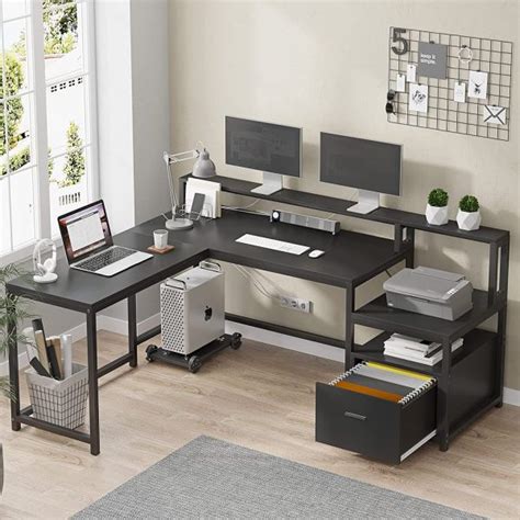 Spacious Extra Large L Shaped Desk With Filing Cabinet Matte Black