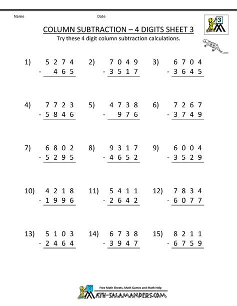 The City School Math Grade 3 Subtraction Worksheet