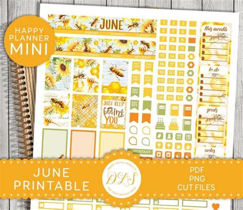 Printable June Monthly Kit Mini Happy Planner June Stickers Kit Honey