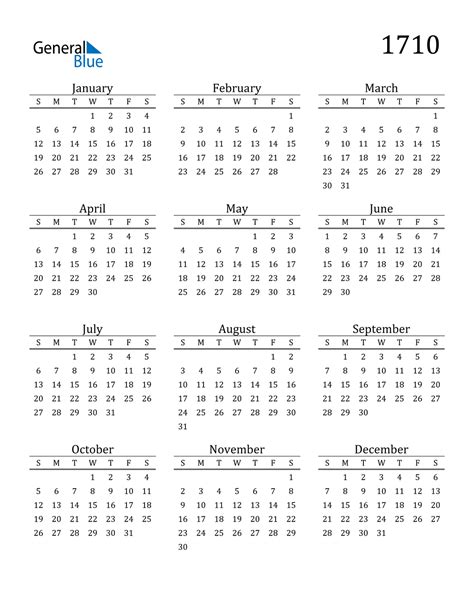 1710 Calendar Pdf Word Excel