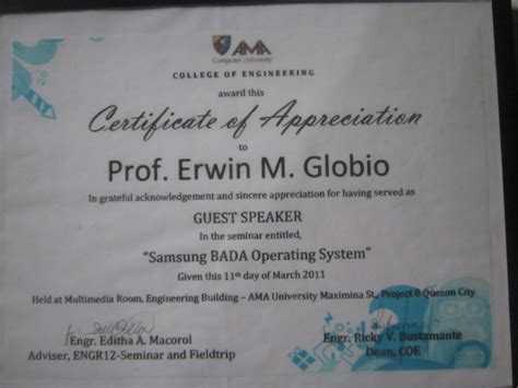 Prof Erwin Globio Free Seminar Certificates Of Appreciation