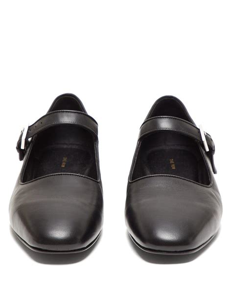 The Row Ava Square Toe Leather Mary Jane Flats In Black Lyst