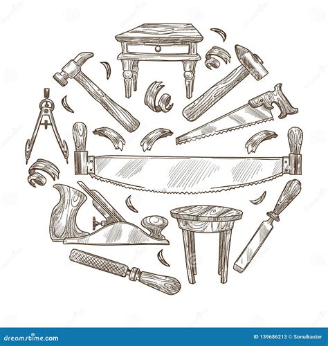 Ax And Saw Sketch Carpentry Tools In Vintage Engraving Style Vector
