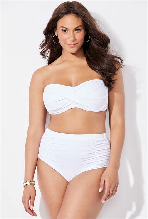 plus size valentine white bandeau bikini with shirred brief