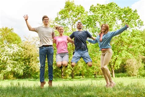 Group Of Young People Have Fun Jumping In The Air Stock Image Image