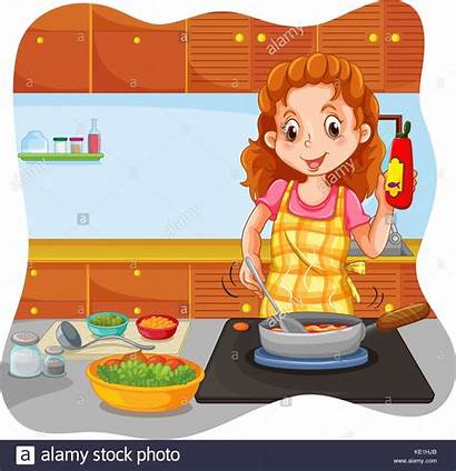 Kitchen Cartoon Cooking Cabinet Woman Illustration Alamy