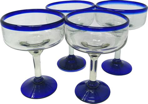 Mexican Hand Blown Glass Set Of 4 Hand Blown Margarita Glasses Cobalt Blue Rim