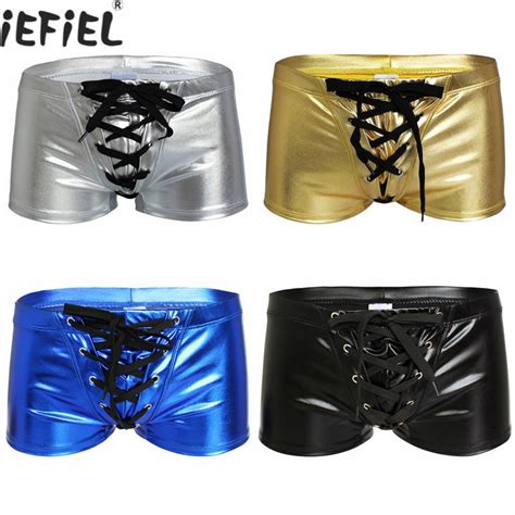 China Mens Patent Leather Drawstring Boxer Briefs Underwear Swimwear