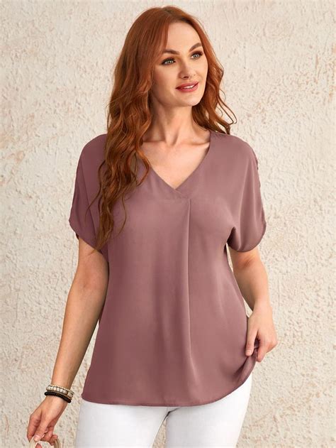 V Neck Batwing Sleeve Solid Top In 2022 Round Neck Tees Tops Trendy Fashion Women