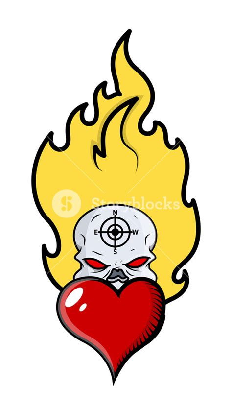 Creepy Horror Skull Tattoo With Flames And Heart Vector Cartoon