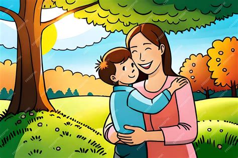 Premium Ai Image A Cartoon Of A Mother And Son Hugging In A Park