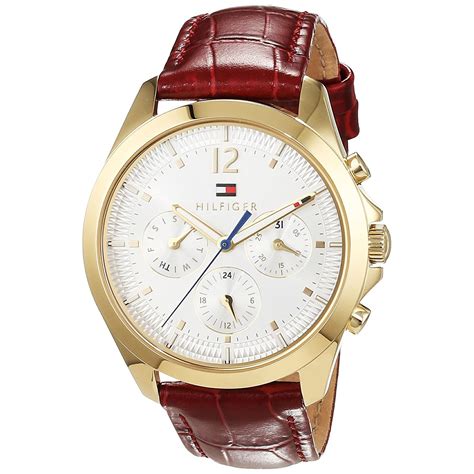 Tommy Hilfiger Watch With Gold Stainless Steel And Dark Red Leather