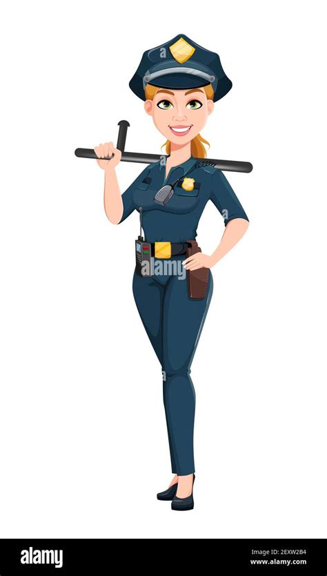 Police Woman In Uniform Female Police Officer Cartoon Character Holding Rubber Baton Stock