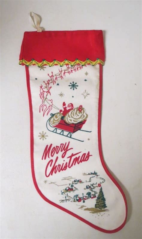 Vintage 1960s Christmas Stocking Santa Claus In Sleigh Vintage