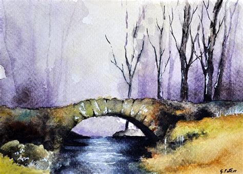 Original Watercolor Painting Autumn Landscape Stone Bridge Painting