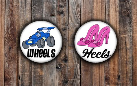 Wheels Or Heels Gender Reveal Pins Pink Heel And Blue Car