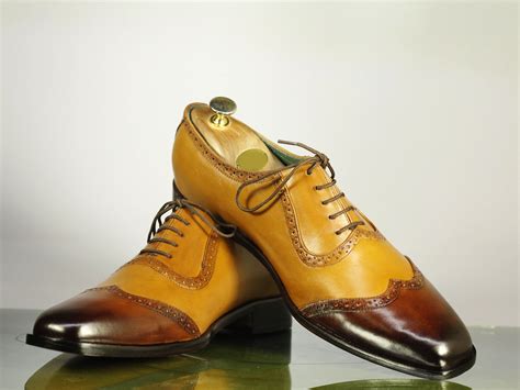 Handmade Two Tone Wing Tip Leather Lace Up Dress Shoes For Mens · The