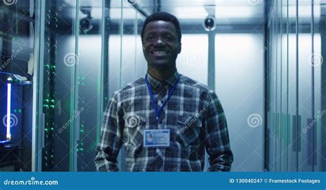 Smiling Black Man In Server Room Stock Image Image Of Maintenance