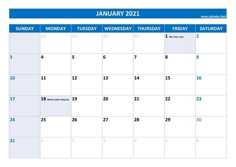 January 2021 Calendar Calendarbest