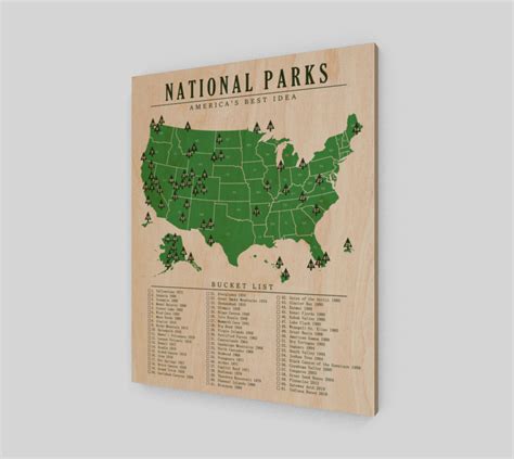 National Park Map Checklist Wood Print Updated All 61 National Parks