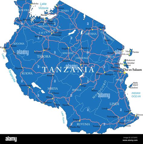 Mapa Vectorial Detallado De Tanzania Con Fronteras De País Nombres De