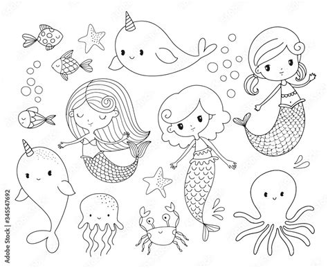 Cute Mermaid Coloring Page In Black And White Little Mermaid Sea