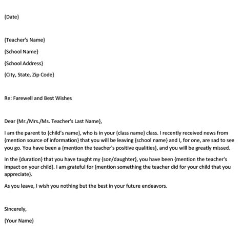 Sample Farewell Letter To Teacher From Parent With Template