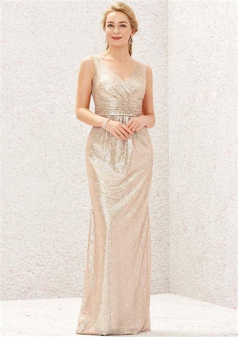 Sheathcolumn V Neck Longfloor Length Sequined Bridesmaid Dress With