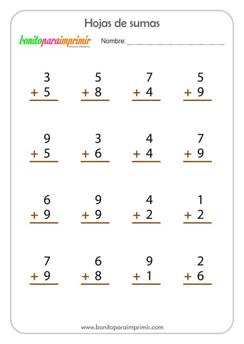 Sumas De Números De Una Y Dos Cifras Bonito Para Imprimir