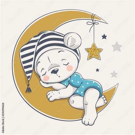 Vector Illustration Of A Cute Baby Bear Sleeping On The Moon Stock