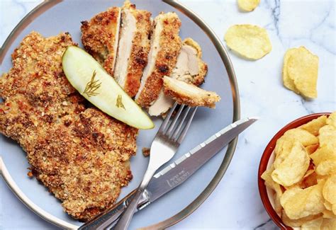 Sprinkle the chicken with 2 teaspoons salt. Potato Chip Chicken Schnitzel - A Dill Pickle Delight!