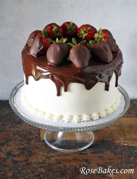Chocolate Cake With Vanilla Frosting Topped With Ganache Chocolate Dipped Strawberries