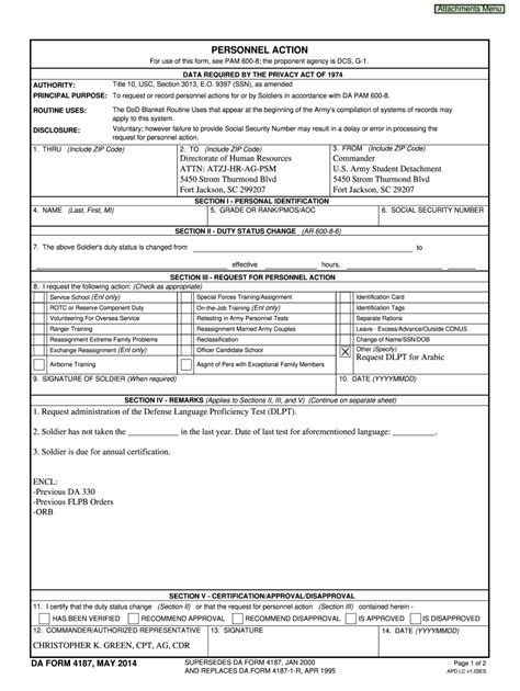 Us Army Da Form 4187 Fillable Printable Forms Free Online