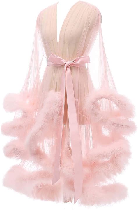 Lamosi Sexy Feather Robe Illusion Fur Trim Boudoir Robe Nightgown