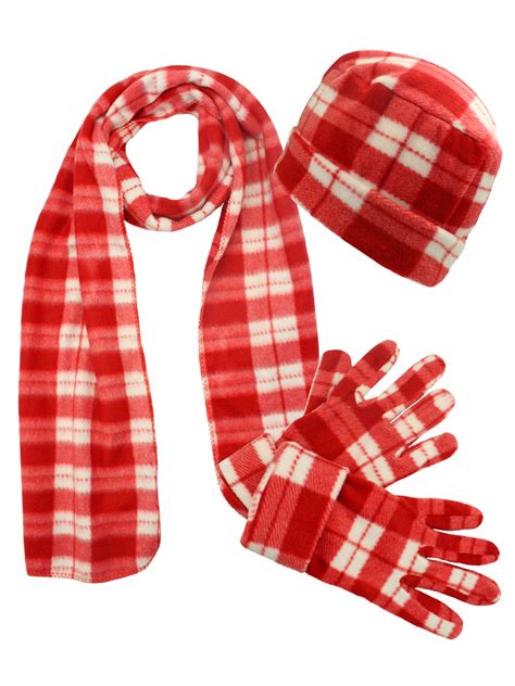 Red Plaid Fleece 3 Piece Hat Scarf And Glove Matching Set