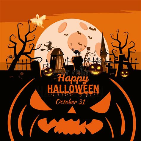 Happy Halloween Poster Scary Smiles Pumpkins Night Cemetery Haunted