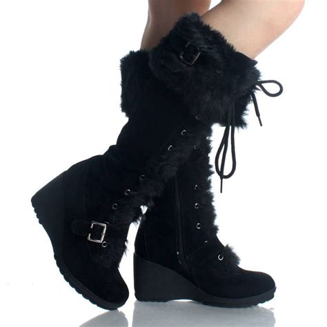 Black Suede Fur Winter Lace Up Wedge High Heel Womens Mid Calf Boots Lace Up Wedges Favorite