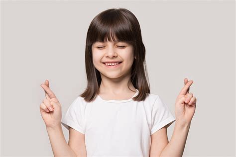 Smiling Small Girl Cross Fingers Making Wish Kids Yoga