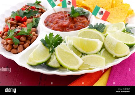 Happy Cinco De Mayo Bright Colorful Party Food With Chilli Beans Corn