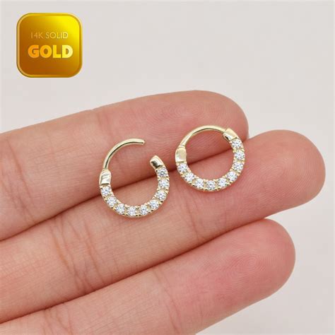 K Solid Gold Cartilage Hoop Earring Diamond Clicker Piercing Etsy