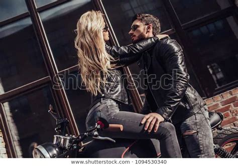 Romantic Biker Couple Black Motorcycle Handsome Stock Photo Edit Now