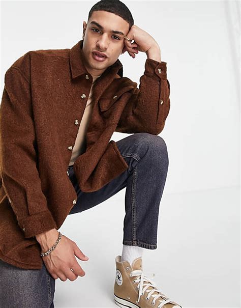 Asos Design Extreme Oversized Hairy Wool Mix Shirt In Brown Asos