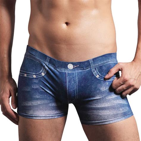 Hot Fashion 3d Mens Sexy Cotton Denim Jeans Like Boxer Breathable Underpants Underwear Shorts
